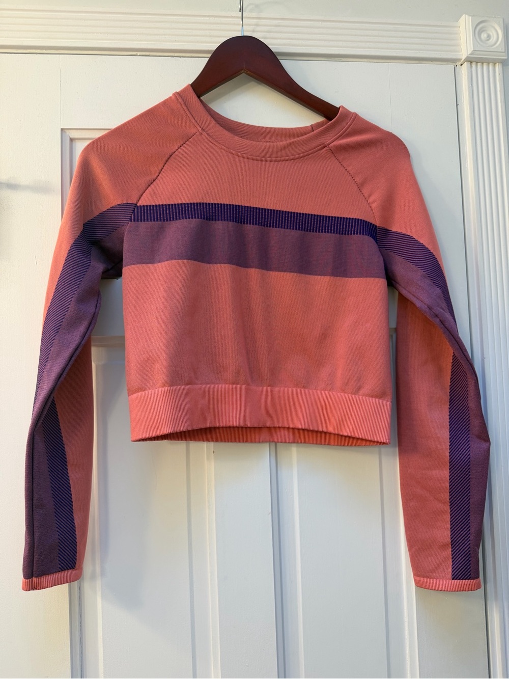 Fabletics Coral Pink Cropped Sweatshirt with Purple Stripe Accents